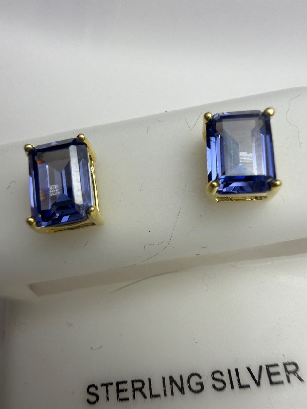 14 K gold over 925 Sterling silver blue Tanzanite earrings emerald cut GORGEOUS